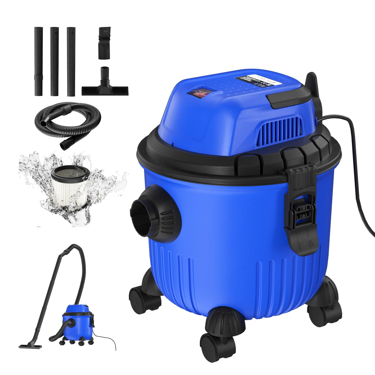 Wet and Dry Vacuum Cleaner 15 liters Tank, 800W 3-in-1 Vacuum Cleaner Wet/Dry/Blow, Multi-function Lightweight Vacuum for Home, Garage, Garden, Workshop, with Accessories