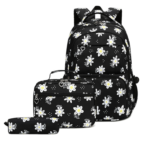 ZHANAO Daisy&Flower Girls Backpack Set for School Students School Bag for Girls with Lunch Bag 3pcs Bookbag Set for School