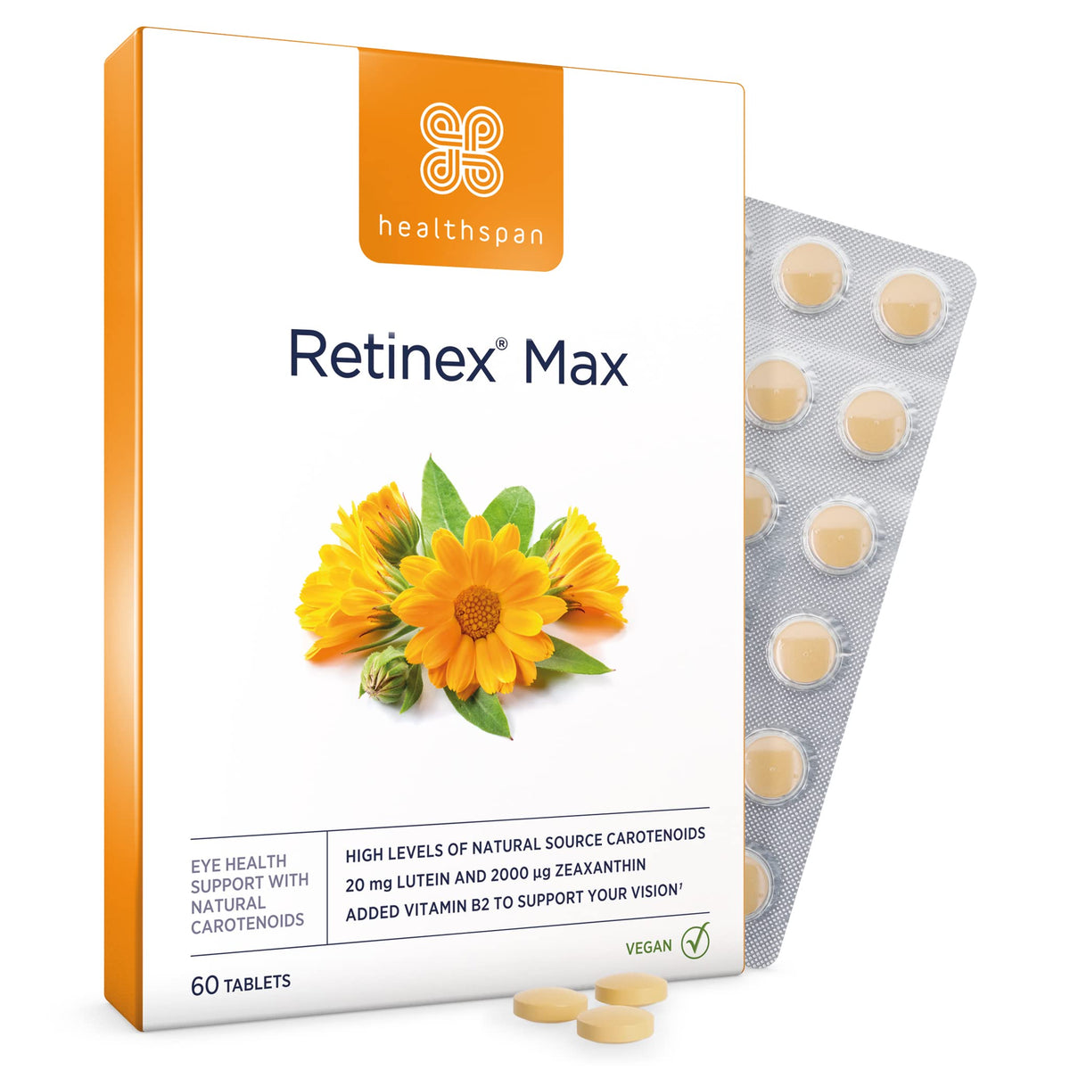 Healthspan Retinex Max (60 Tablets) | Long Term Vision and Eye Health | 20mg Lutein & 2,000ug Zeaxanthin | Added Vitamin B2 Contributes to Normal Vision | Natural Source Carotenoids | Vegan