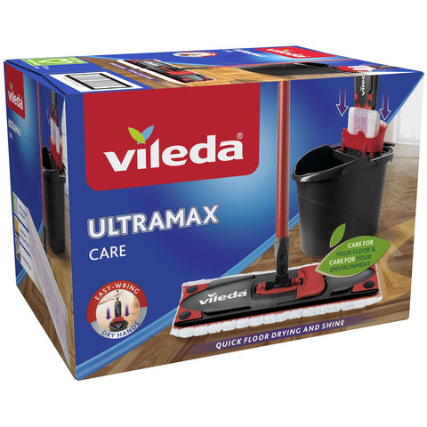 Vileda Ultramax Care Complete Set, Floor Mop with Handle, Bucket with PowerPress, for Sensitive Floors, 100% Recycled Microfibre, Quick-Drying Floor