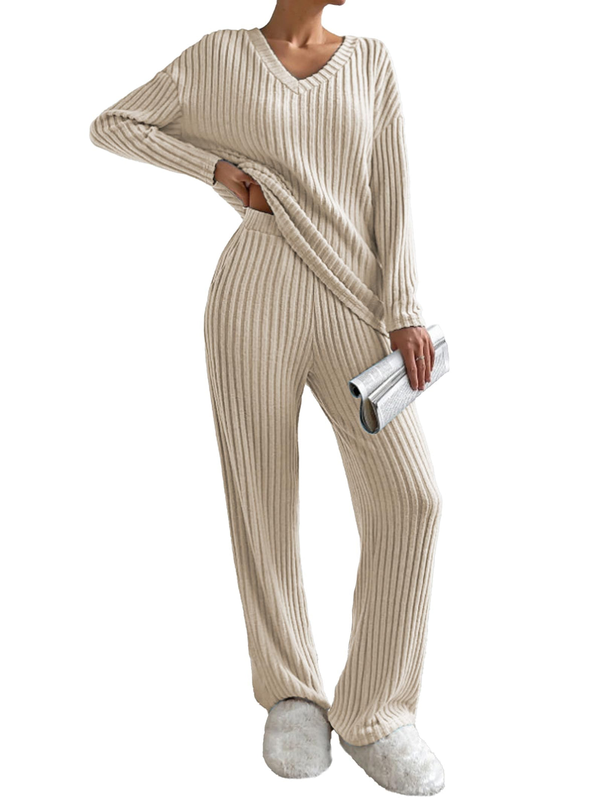 Famulily Women's Ribbed Oversized Longline Jumpers and Wide Leg Lounge Pants Sets with Pockets, 2 Piece Outfits Tracksuits Lounge Wear Ladies Pyjamas Set (XL, Beige)