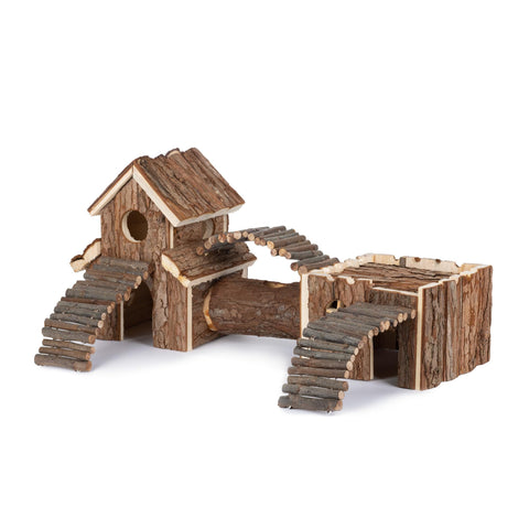 Petlicity Wooden Hamster Playground - Natural Cedar Wood Climb and Hide Pet Boredom Breaker Play House Hideaway and Gnawer for Small Animals Hamsters Gerbils Rats Mice Mouse (Horizontal)