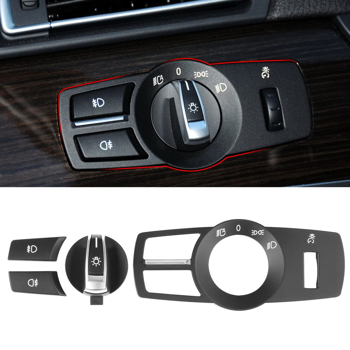 Jaronx Compatible with BMW Headlight Control Switch Set for 5 F10,6 F12,7 F01,X3 F25,X4 F26,4PCS Headlight Switch Button Panel Control Cover Kit, Headlight Knob Headlight Control Frame Foglight Button
