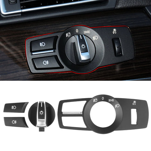 Jaronx Compatible with BMW Headlight Control Switch Set for 5 F10,6 F12,7 F01,X3 F25,X4 F26,4PCS Headlight Switch Button Panel Control Cover Kit, Headlight Knob Headlight Control Frame Foglight Button