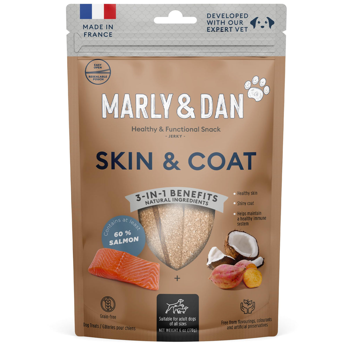 Marly & Dan Baked Salmon Jerky Snack Bar for Dogs with Sweet Potato and Coconut - Tasty Treats Dogs Love, Naturally Healthy & Functional Skin & Coat Recipe, Rich in Omega 3/6, 6 oz