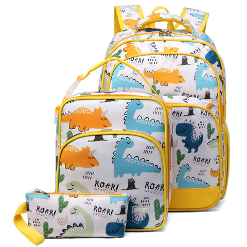 VASCHY Kids School Backpack Lunch Box Bag Pencil Case Combo, Children BookBag Schoolbag Set for Preschool/Kindergarten/Elementry School Supplies Boys Girls Yellow Dinosaurs