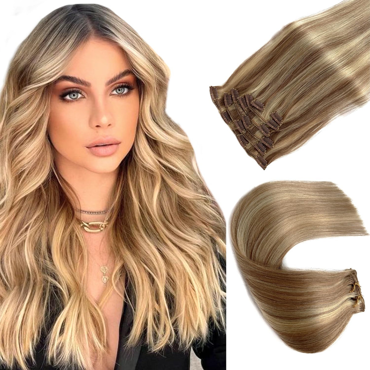 Hair Extensions Clip in, Golden Brown to Blonde Highlights Human Hair Extensions Clip in 7pcs 70G Straight Double Wefted Remy Human Hair Extensions Clip in Hair 2 Sets Full Head for Women