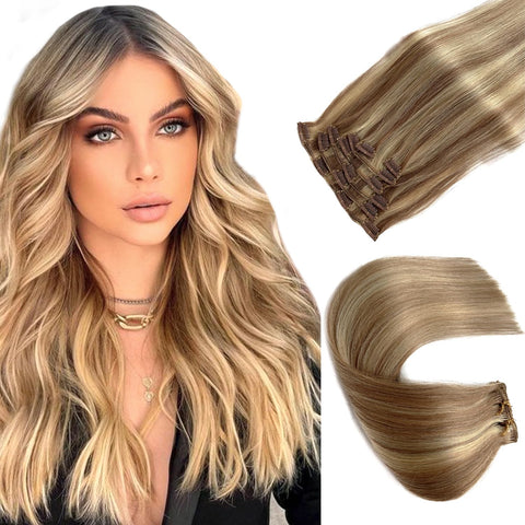 Hair Extensions Clip in, Golden Brown to Blonde Highlights Human Hair Extensions Clip in 7pcs 70G Straight Double Wefted Remy Human Hair Extensions Clip in Hair 2 Sets Full Head for Women