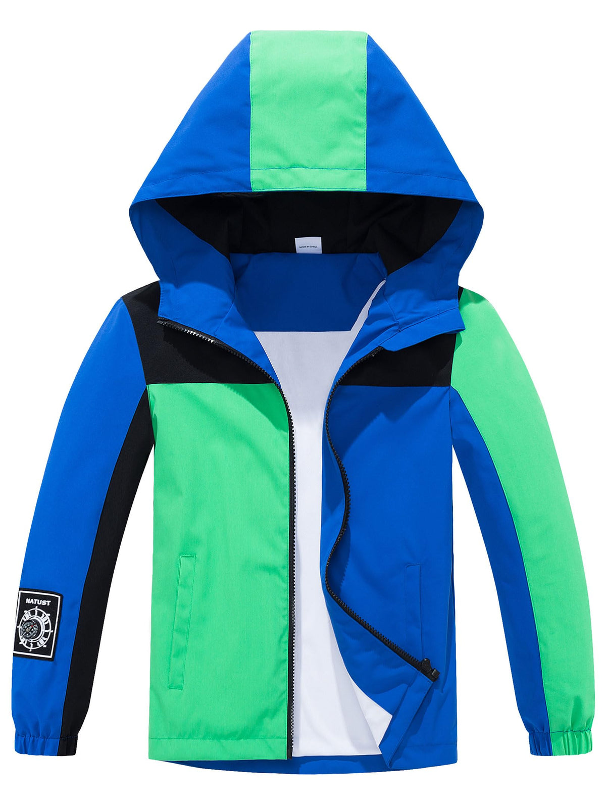 NATUST Boys Girls Lightweight Rain Jacket Water-Resistant Breathable Mesh Lined Hooded Raincoat Blue 8-9 Years