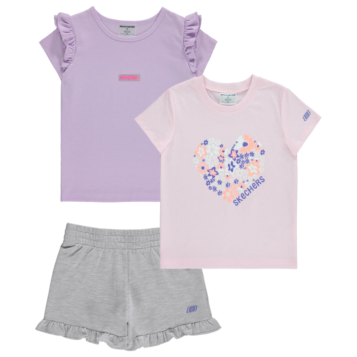 Skechers Girls 3 Piece Sets-2 Tees and Matching Short Set Top and Bottom Matching Set, Pastel Lilac/Tulip Pink/Oxford Heather, 6X