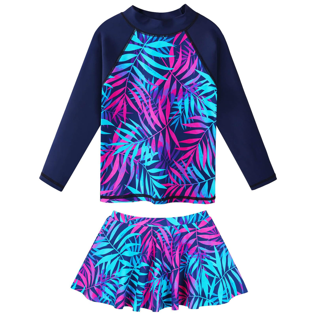 ZNYUNE Kids Girls UPF 50+ UV Sun Protection Rash Guard Swimsuit Long Sleeves Flower Summer Swimming Beach Costume S379 NavyLeaves 16A