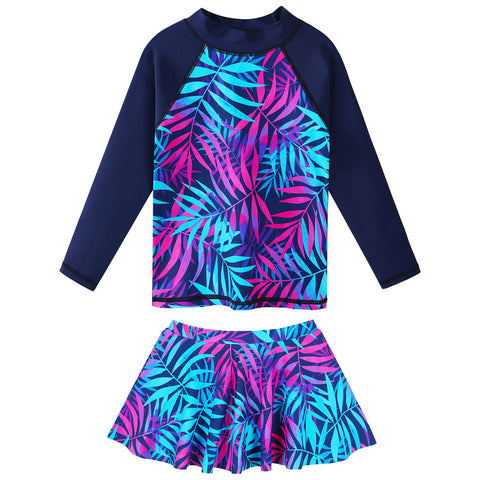 ZNYUNE Kids Girls UPF 50+ UV Sun Protection Rash Guard Swimsuit Long Sleeves Flower Summer Swimming Beach Costume S379 NavyLeaves 16A