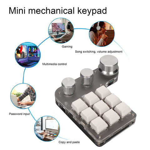 Yoidesu 9 Keys One Handed Mechanical Gaming Keyboard, Mini Keypad Programmable Macro Keyboard with 3 Knobs, USB Shortcut Multifunction Keyboard for PC Computer Gaming (White)