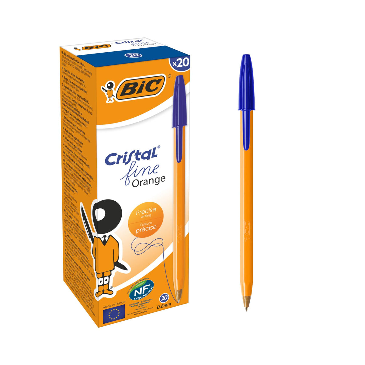 BIC Orange Original Fine Ballpoint Pens, Writing Pens with Long-Lasting Ink, Fine Point (0.8mm) Blue, Pack of 20