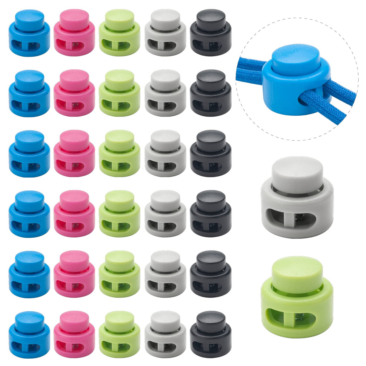 Heavy Duty Cord Locks for Drawstrings Paracord, 30 PCS Plastic Double Hole NO Tie Shoelace Locks Clips for Sneakers, Drawstring Spring Toggle Cord Stoppers, String Clamp for Pants, Lanyard and Hoodie