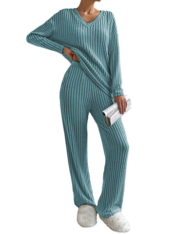 Famulily Tracksuit Womens Full Set V Neck Jumpers and Trousers, Ladies Travel Outfits Wide Leg Two Piece Loungewear Winter Pyjamas Leisure Suits (XXL, Green)