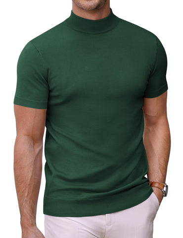 COOFANDY Mens Mock Turtleneck Sweater Short Sleeve Solid Color T-Shirts Basic Slim Fit Knitted Pullover Tees Green