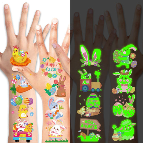 HOWAF 96pcs Luminous Easter Temporary Tattoos, Glow in Dark Easter Tattoos Fake Waterproof Tattoos Chick Easter Eggs Bunny Tattoo Stickers for Kids Party Favors Easter Basket Party Bag Fillers Gift