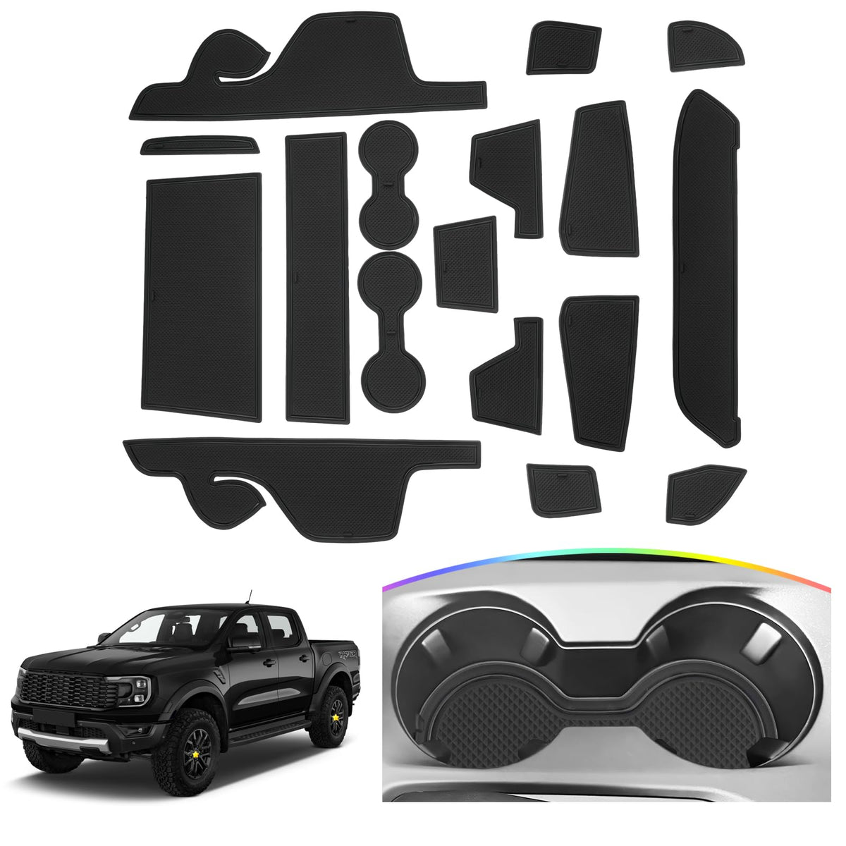SKTU Door Slot Mat for 2024 Ford Ranger Door Groove Gate Pad Ford Ranger 2024 Accessories Fit 2024 Ranger (XL/XLT/Lariat/Raptor) Door Compartment Cup Center Console Liners (17Pcs Black)