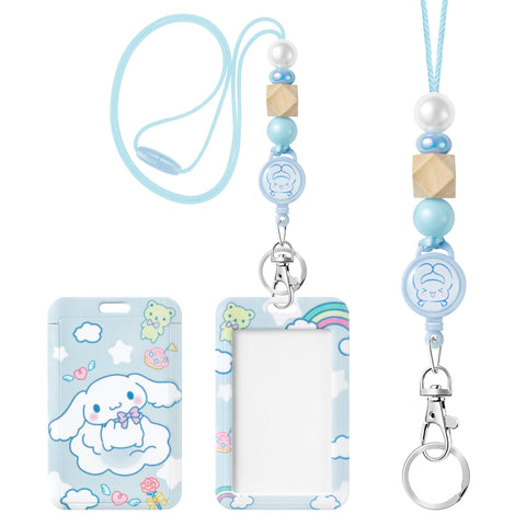 Kawaii Cinnamon Dog ID Badge Holder with Beaded Lanyard Cartoon Anime ID Card Case Name Tag Retractable Reel with Breakaway Strap Clip Clasp Back to School Supplies for Kids Girl Student Teacher Nurse