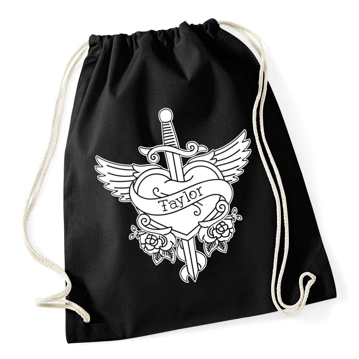 Hippowarehouse PERSONALISED NAME Heart Tattoo With Wings And Sword Drawstring Cotton School Gym Bag 37cm x 46cm, 12 litres