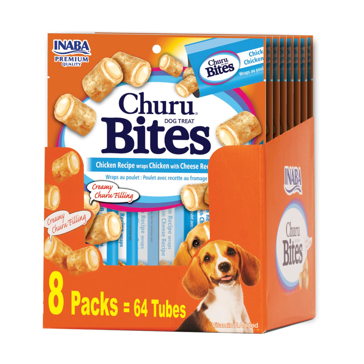 INABA Churu Bites for Dogs, Soft & Chewy Baked Chicken Wrapped Filled Dog Treats with Vitamin E, 0.42 Ounces Each Tube, 64 Tubes (8 per Pack), Chicken with Cheese Recipe
