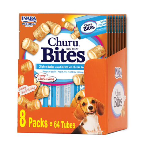INABA Churu Bites for Dogs, Soft & Chewy Baked Chicken Wrapped Filled Dog Treats with Vitamin E, 0.42 Ounces Each Tube, 64 Tubes (8 per Pack), Chicken with Cheese Recipe