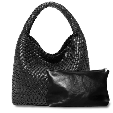 Dyalsa Women Woven Handbag Soft Vegan Leather Shoulder Bag Summer Handmade Hobo Bag Clutch Bag Set for Work Travel AL-010BK