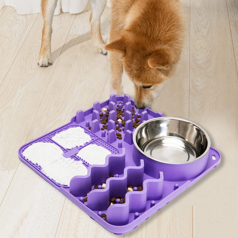 Femont Slow Feeder Mat for Dog,Silicon Lick Mat Bowl with Suction Cups Include a Stainless Steel Dog Bowl for Dry Wet Food Treat,Dog Slow Feeding Mat Lick Pad for Pets Anxiety Relief Boredom Reducer