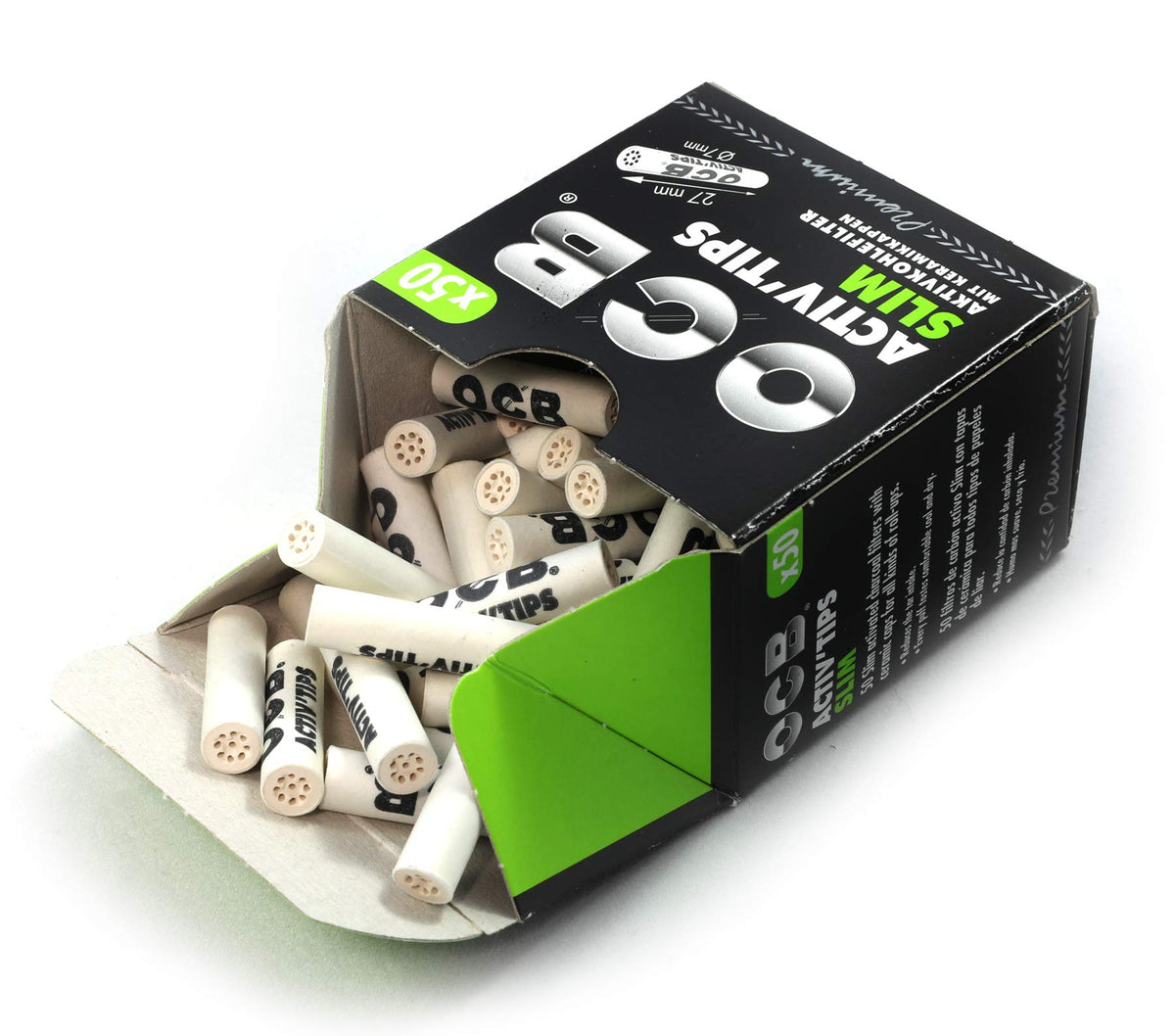 OCB ActivTips Slim 7mm Activated Carbon Filters with Ceramic Caps, Pack of 50, Silver, Small