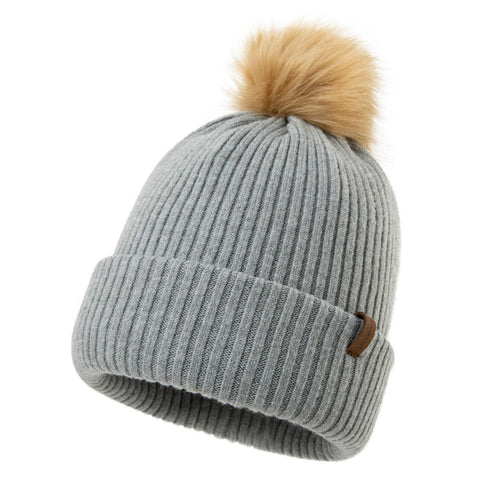 Comhats Womens Winter Hats Wool Ladies Bobble Hats Cashmere Beanie Double Layer Thermal Knitted Hat with Pom Pom Grey