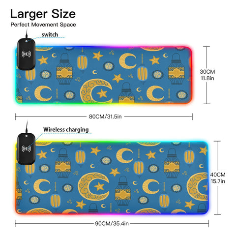 Blue Ramadan Star Moon Wireless Charging Mouse Pad for Mobile Phone Extra Large Gaming Mousepad with 13 Lighting Modes Keyboard Mat for Gaming MacBook PC Laptop Desk Home Office