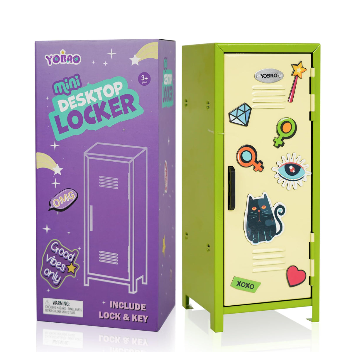 YOBRO Mini Iron Lockers, Girl Talk Locker with Lock, Functional Safe Box Locker with Megnets, Miniature Storage Locker for Desk Bedroom Home Office School, Metal Little Locker for Kids, Yellow&Green