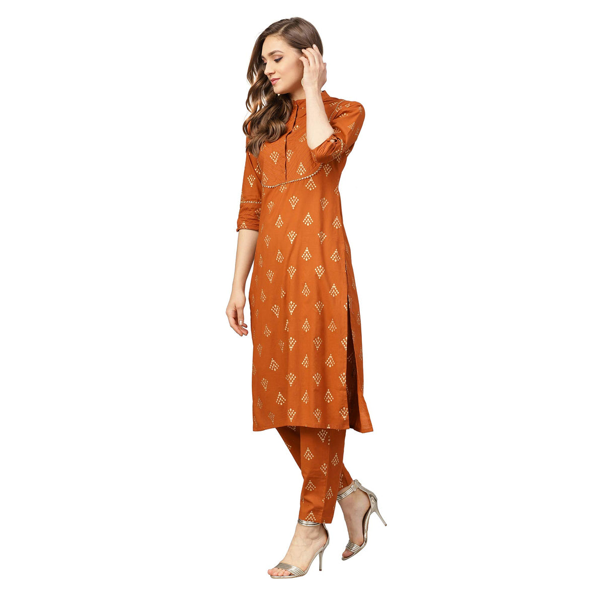 Idalia Women's Print Kurta with Pants, Mustard, XXL