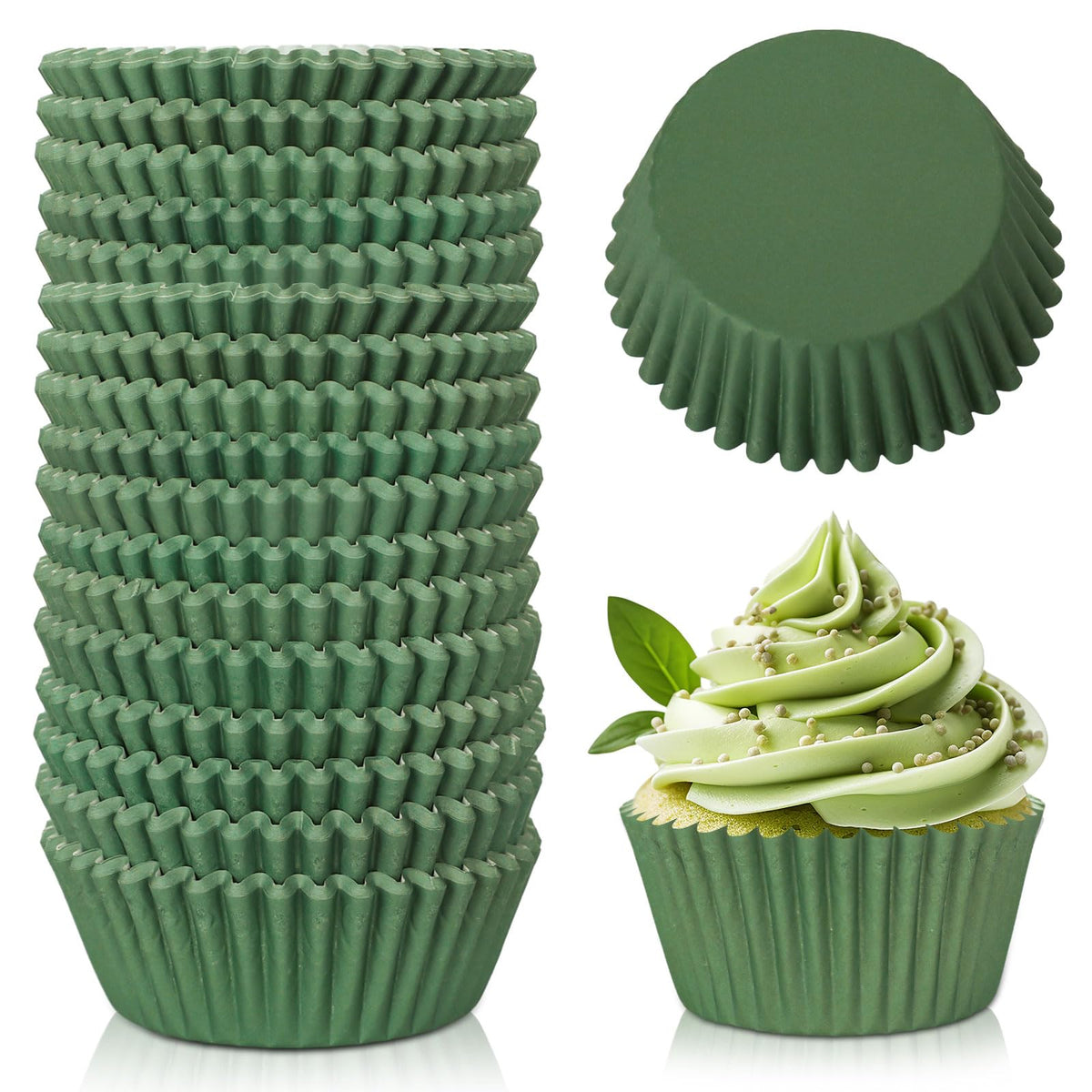 Whaline 300Pcs Green Cupcake Liners Olive Dark Green Baking Cups Wedding Baby Shower Cupcake Wrappers Holders Muffin Liners for Bridal Shower Birthday Party Decorations