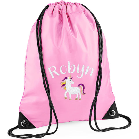 TeddyT's Personalised Unicorn School Sports PE Drawstring Swimming Bag (Baby Pink)