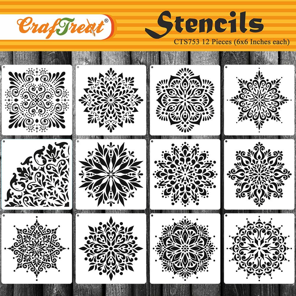 CrafTreat Reusable (Pack of 12) Mandala Set Stencils for Painting on Wood, Canvas, Paper, Fabric, Floor, Wall, Tile, DIY Art and Craft. 6X6 inch.