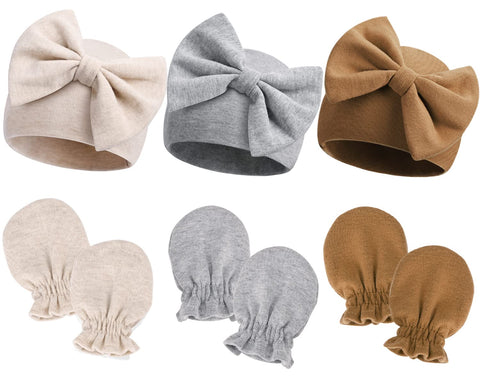 Newborn Hospital Hats Gloves Baby Infant Bow Beanie Cotton Caps No Scratch Hat Mittens Set for 0-6 Months