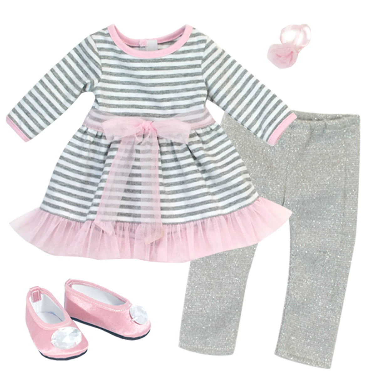 Sophia's Striped Dress with Tulle, Glitter Leggings, Hair Accessory and Jeweled Ballet Flats Shoes for 18 Inch Dolls, Gray/Pink