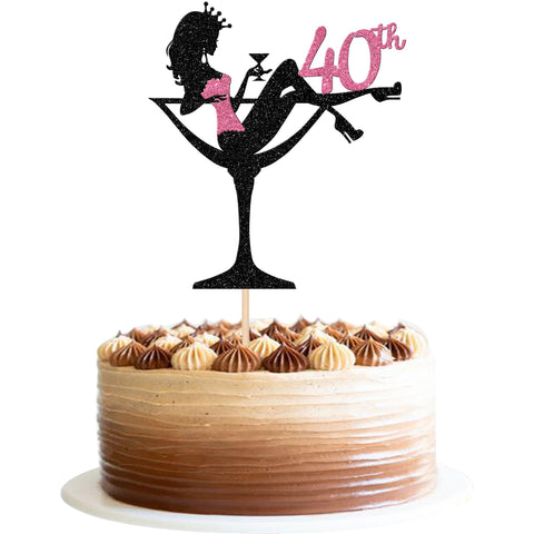 1 Piece 40th Sitting Girl Cake Decoration, 40th Birthday Cake Topper Glitter High Heel Girl Cake Decoration for Girls Lady Spa Bachelorette Theme Birthday Party Cake Decorations Pink