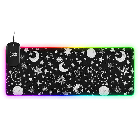 Doodle Stars Moon Wireless Charging Mouse Pad for Mobile Phone Extra Large Gaming Mousepad with 13 Lighting Modes Keyboard Mat for Gaming MacBook PC Laptop Desk Office Home