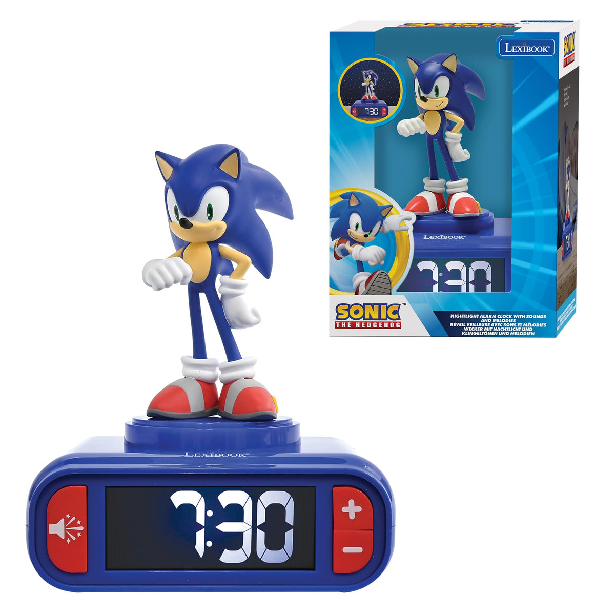 LEXIBOOK Hedgehog, Sonic Night Light Alarm Clock, Sounds and Melodies, Backlit LCD Screen, Luminous, Snooze, Blau