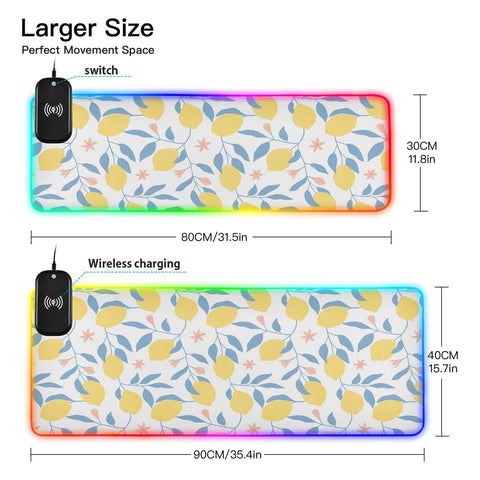 Fresh Lemon Leaves Flowers Wireless Charging Mouse Pad for Mobile Phone Extra Large Gaming Mousepad with 13 Lighting Modes Extended Desk Mat for MacBook PC Laptop Desk Office Home Gaming