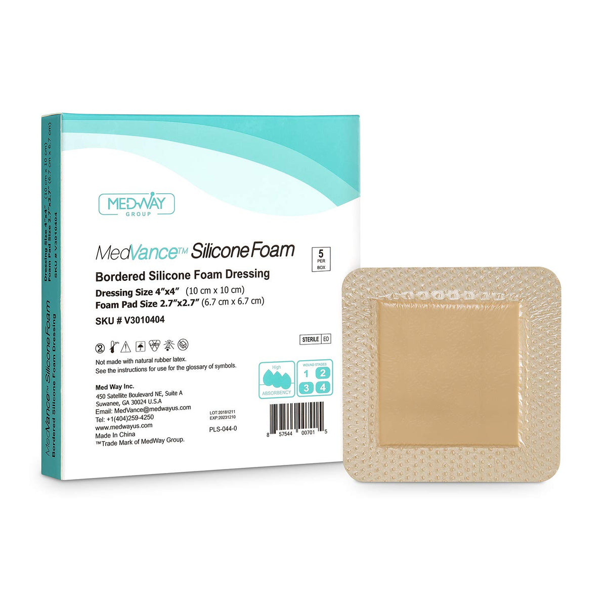 MedVance TM Silicone - Bordered Silicone Adhesive Foam Dressing Size 10 cm x 10 cm (7 cm x 7 cm pad), Box of 5 dressings