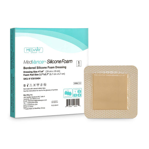 MedVance TM Silicone - Bordered Silicone Adhesive Foam Dressing Size 10 cm x 10 cm (7 cm x 7 cm pad), Box of 5 dressings