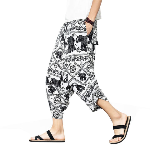 PRIJOUHE Men's Harem Capri Pants, Wide Leg Mens Capris, Summer Linen Pants A-White