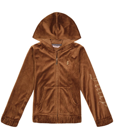 Juicy Couture Girls' Plush Velour Pant and Hoodie Sweatshirt Seperates, Bison/Studs, 8-10