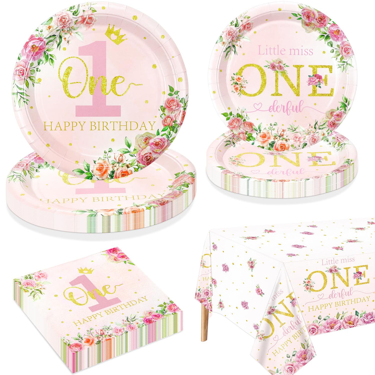 Floral 1st Birthday Party Decorations for 20 Guests, Include Little Miss Onederful Paper Plates, Happy 1st Birthday Tablecloth, Napkins, 1st Birthday Supplies for Girls First Birthday Party Decor