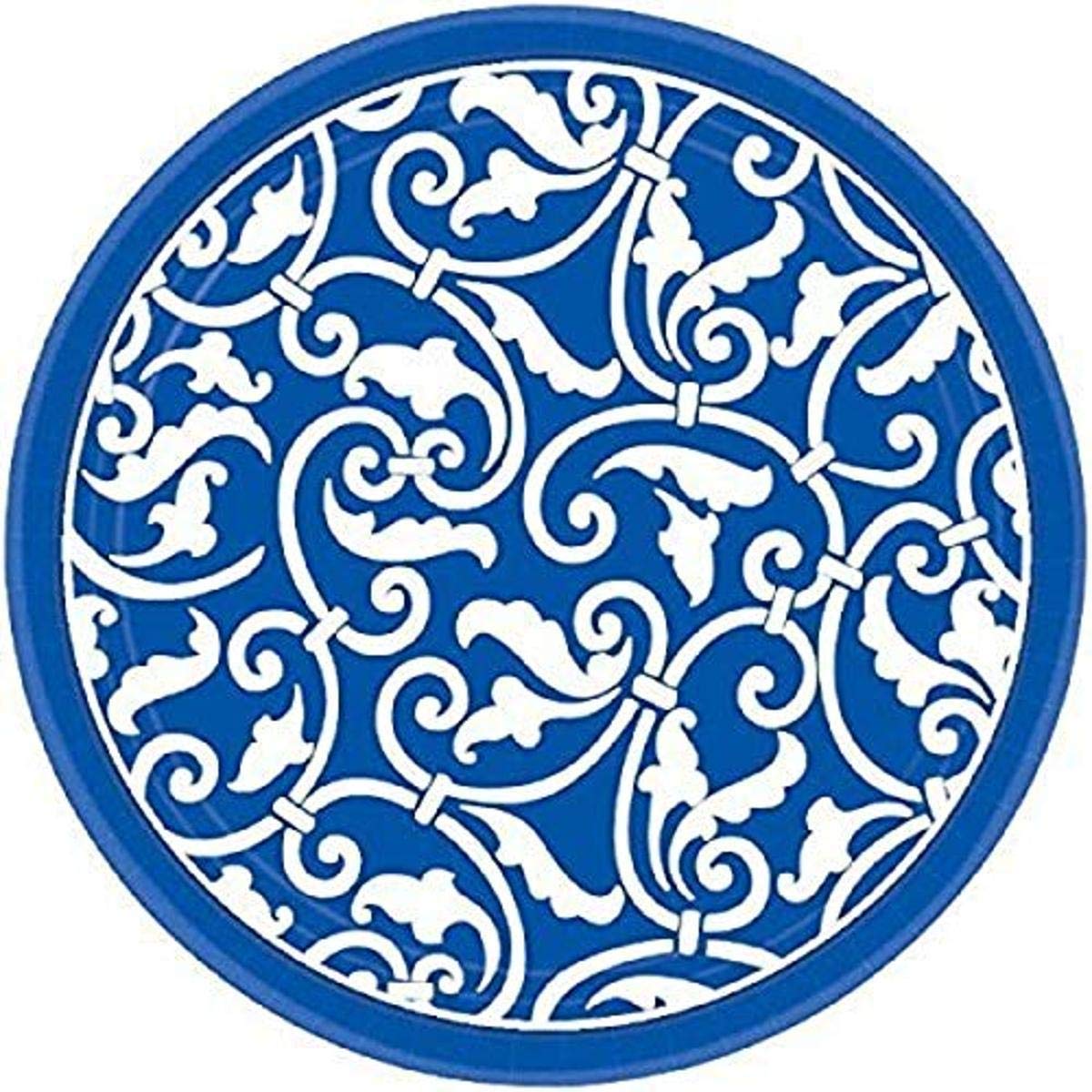 Amscan Party Ready Ornamental Scroll Round Dessert Plates (Pack Of 8), Royal Blue/White, 7" x 7"
