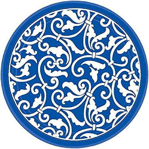 Amscan Party Ready Ornamental Scroll Round Dessert Plates (Pack Of 8), Royal Blue/White, 7" x 7"